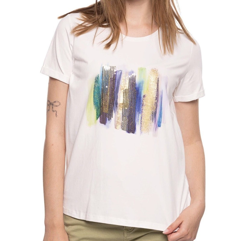 Women's Sequin Graphic Tshirt Size S Blue Brush Stroke Graphic Tee NWT